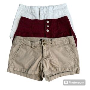 3 pairs of shorts, white maroon & tan, pockets, small & size 2, casual summer.